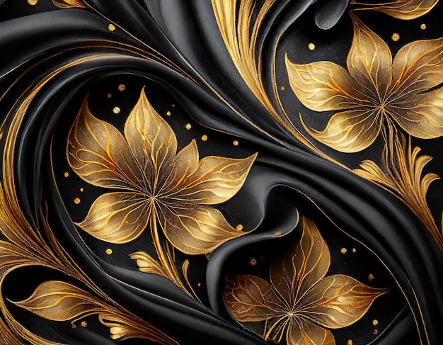 Luksusowe satynowe tkaniny na czarnym tle ze złotymi liśćmi i kwiatami