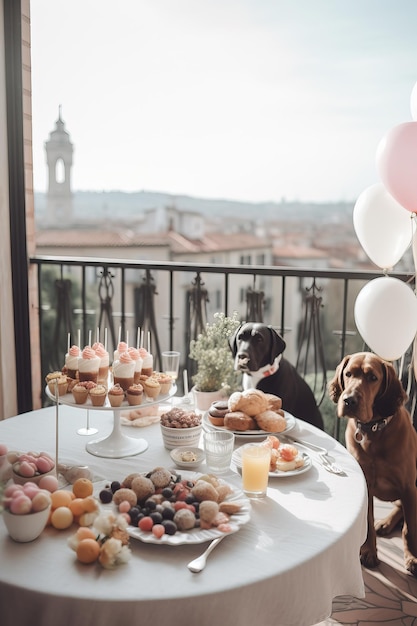 Luksusowe śniadanie na balkonie w pięknym mieście Z napojami słodycze i jedzeniem Generative Ai