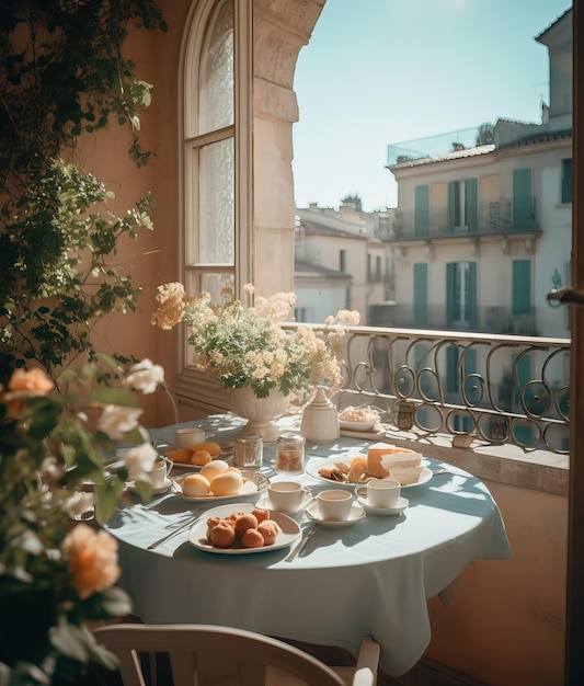 Luksusowe śniadanie na balkonie z pięknym krajobrazem miasta w tle Generative Ai