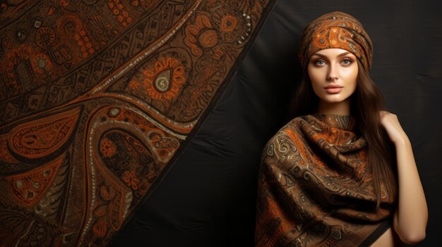 Luksusowe tkaniny Piękna z brązowym makijażem na oczach i chustą Paisley