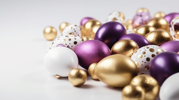 Luksusowe tło wielkanocne z purpurowobiałymi i złotymi jajkami Puste miejsce reklamowe Generacyjna sztuczna inteligencja