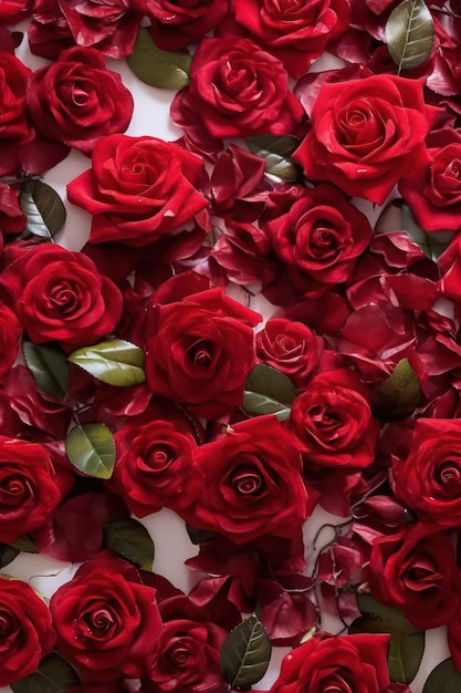 Luksusowe tło z ciemnoczerwonymi różami i zielonymi liśćmi ułożonymi po prawej i lewej stronie obrazu