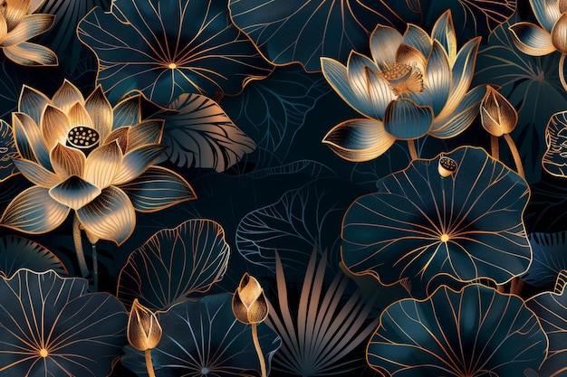 Luksusowe tropikalne kwiaty złota linia sztuki tapety wyposażone w wspaniałe botaniczne lotosy i egzotyczne dzikie kwiaty nadaje się do kart pakowania drukowania i pokrywa to dzieło sztuki zrobi elegancki