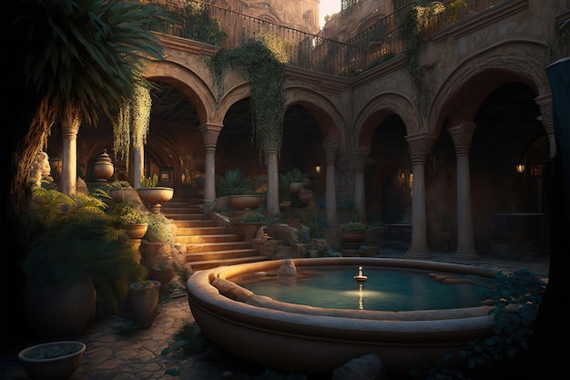 Luksusowe tylne patio starożytnego Babilonu z wanną z hydromasażem