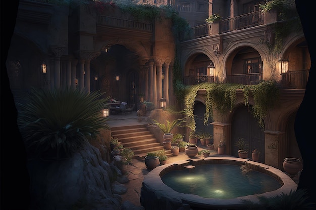 Luksusowe tylne patio starożytnego Babilonu z wanną z hydromasażem