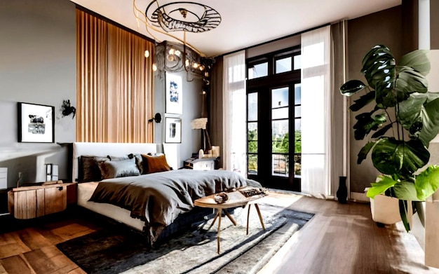 Luksusowe wnętrze domu Przytulny i elegancki projekt sypialni z wygodnymi meblami