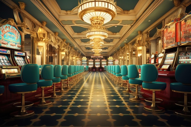 Luksusowe wnętrze kasyna z automatami do gier renderowania 3D Klasyczne amerykańskie wnętrze kasyna w Las Vegas Wygenerowano sztuczną inteligencję