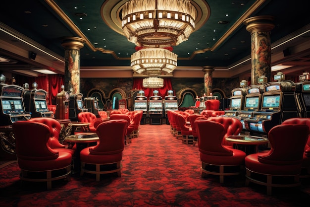 Luksusowe wnętrze kasyna z czerwonymi siedzeniami i stołem do ruletki w kasynie Klasyczne amerykańskie wnętrze kasyna w Las Vegas Wygenerowano sztuczną inteligencję