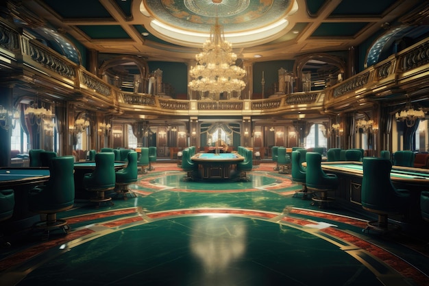 Luksusowe wnętrze kasyna z stołem do ruletki i zielonymi krzesłami luksusowe puste kasyno generowane przez AI