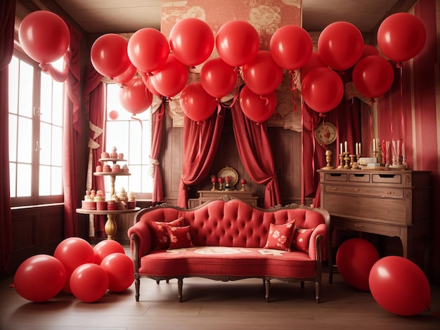 Luksusowe wnętrze salonu z czerwonymi meblami i czerwonymi balonami Generatywna AI