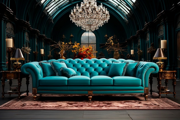 Luksusowe wnętrze salonu z niebieską sofą i zielonymi roślinami generatywnymi ai
