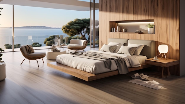 luksusowe wnętrze sypialni z pościelą ciemnym tonem i nowoczesnym stylem kamień i drewniany główny podłogę drewnianą
