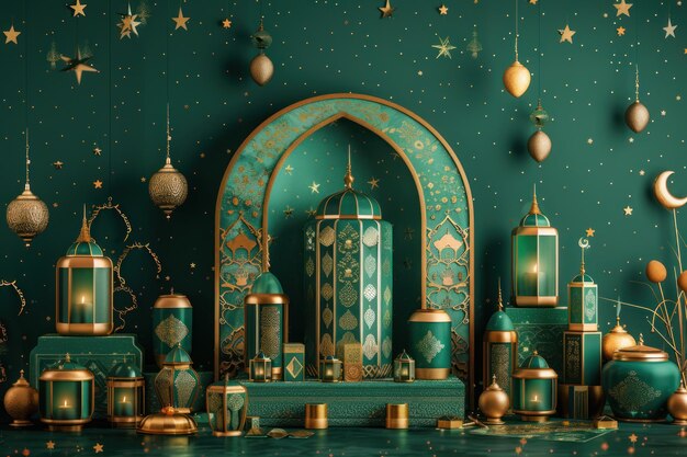 Zdjęcie luksusowe złote latarnie ustawione na rozbudowanym islamskim łuku i gwiezdnym tle na świętowanie eid