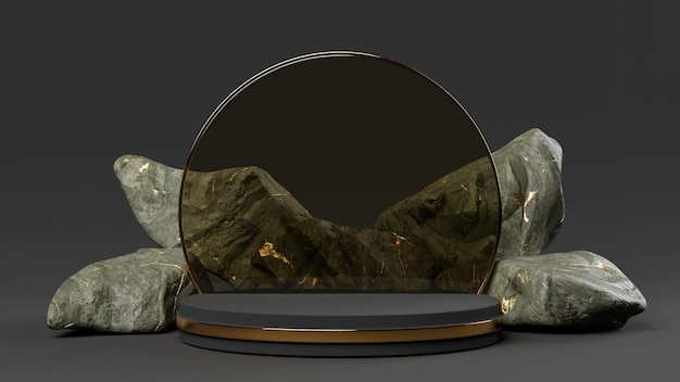 Luksusowe złote skały podium makiety szklane okrągłe ramki ze złotym pierścieniem na ciemnym tle renderowania 3d