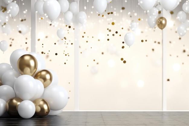 Luksusowy baner świąteczny Elegancko białe i złote balony na tle ze złotymi cekinami