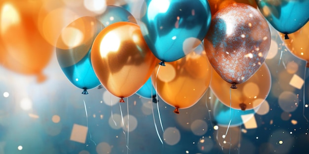 Luksusowy baner Wszystkiego najlepszego z okazji urodzin tło Niebieskie pomarańczowe balony Bokeh efekt świetlny realistyczne balony Generative AI