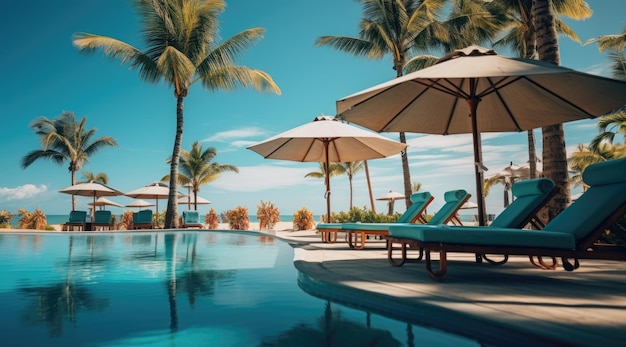 Luksusowy basen i leżaki parasole w pobliżu plaży i morza z palmami