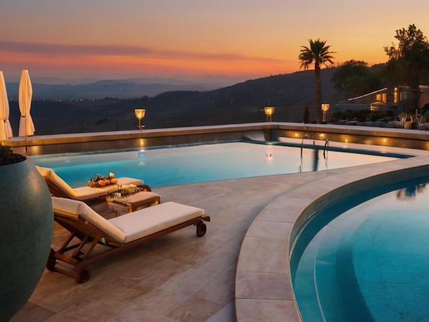 luksusowy basen o zachodzie słońca