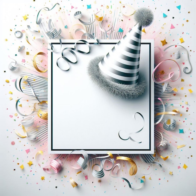 Zdjęcie luksusowy biały plakat z konfetti i serpentyną idealny do eleganckiej reklamy