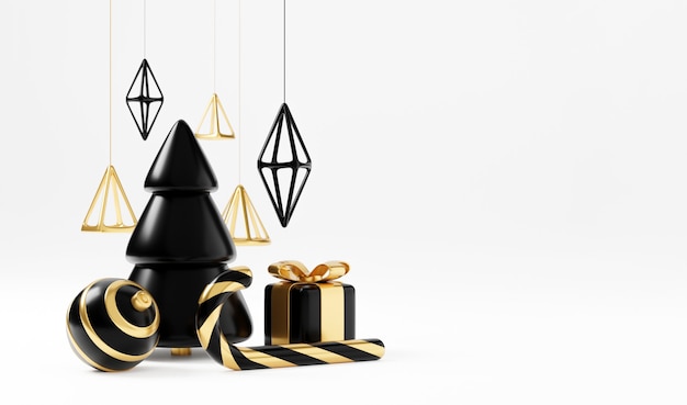 Luksusowy boże narodzenie renderowania 3d transparent lub kartkę z życzeniami. Nowoczesna minimalna noworoczna i świąteczna złota i czarna ozdoba z drzewem, cukierkiem, piłką, pudełkiem prezentowym na czarnym tle
