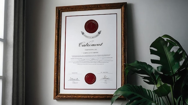 Luksusowy certyfikat osiągnięć ze złotą ramką na ścianie