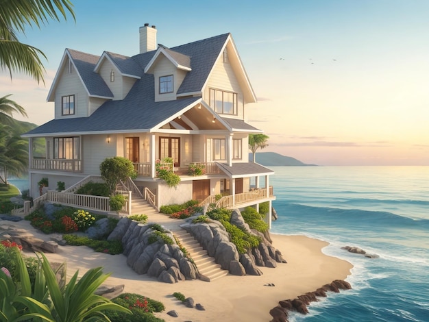 Luksusowy dom na plaży z widokiem na morze, basenem i tarasem na wakacjach3d rendering