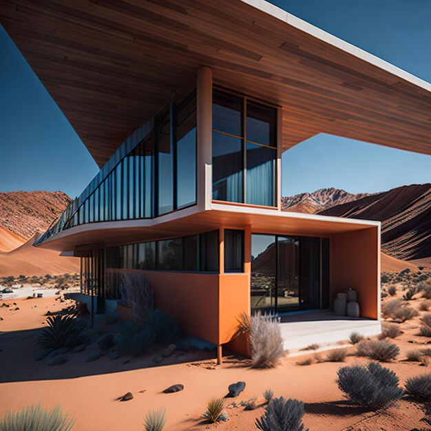 Zdjęcie luksusowy dom z nowoczesnym projektem na pustyni z światłem dziennym
