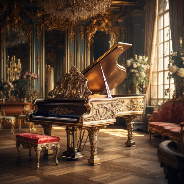 Zdjęcie luksusowy fortepian w pokoju z kwiatami i wysokimi oknami pałac królewski wazy z kwietami i kr