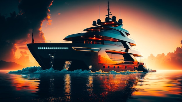 Luksusowy jacht motorowy na oceanie o zachodzie słońca