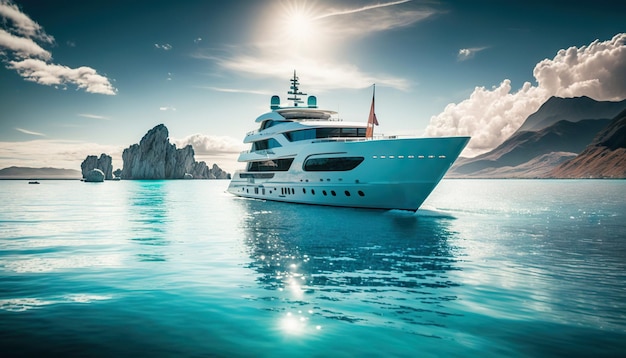 Luksusowy jacht na rajskiej turkusowej powierzchni wody oceanu Słoneczny dzień w morzu tropikalnym Generative AI