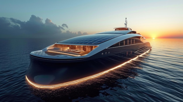 Zdjęcie luksusowy jacht pływający na oceanie o zachodzie słońca