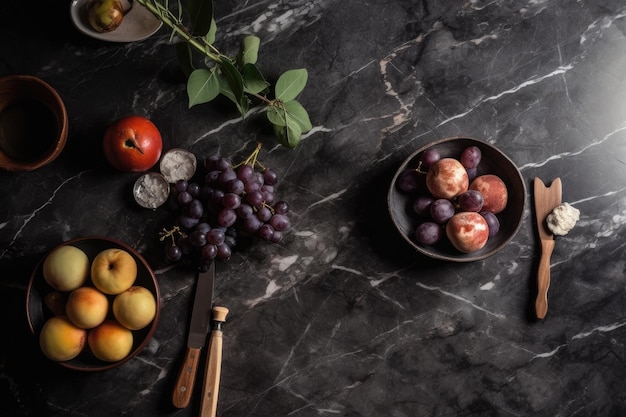 Luksusowy marmurowy stół ozdobiony żywymi owocami w miseczkach Generative AI