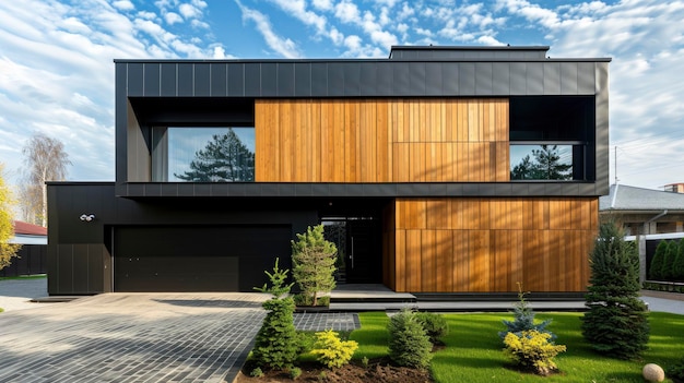 Luksusowy minimalistyczny dom sześcienny z drewnianą okładziną i czarnymi ścianami wzmocniony przez przemyślany projekt krajobrazu na przednim podwórku emitujący wyrafinowane zewnętrzne mieszkania