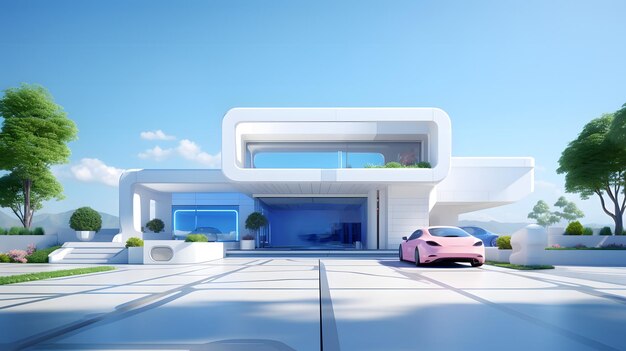 Luksusowy minimalizm koncepcja przyszłego domu z samochodem na zewnątrz