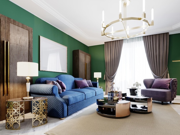 Luksusowy, modny salon w klasycznym stylu niebieskim i jasnoniebieskim. Meble tapicerowane w kolorze niebieskim, fotel, sofa, szafa, stolik kawowy. Renderowanie 3D.