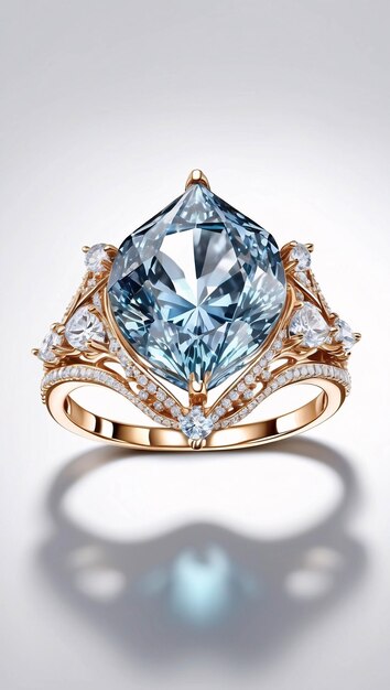 Luksusowy niebieski diamentowy kamień szlachetny Złoty i srebrny pierścionek z różami i kwiatami w tle botanicznym