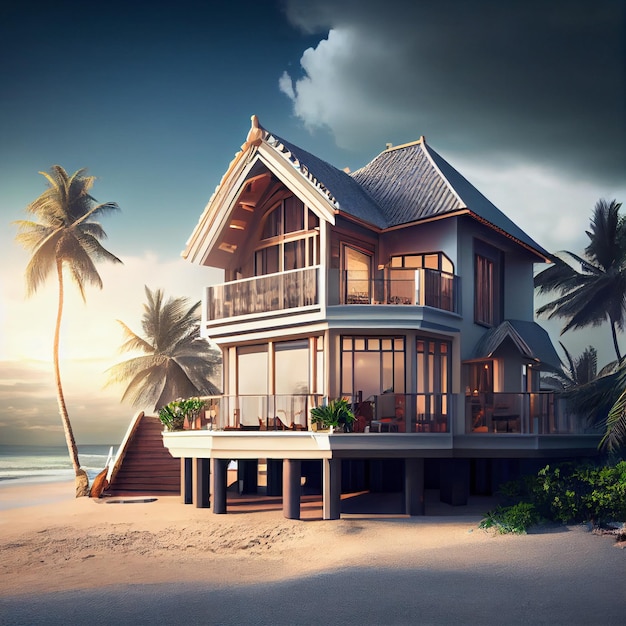 Luksusowy nowoczesny dom na plaży z widokiem na morze