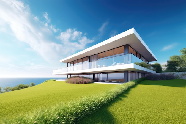 Luksusowy nowoczesny dom na trawie z widokiem na morze i błękitne niebo wygenerowany za pomocą AI