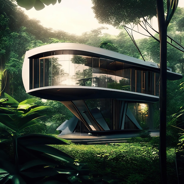 Zdjęcie luksusowy nowoczesny dom w lesie w dzień generacyjna ai
