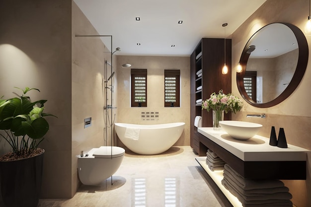 Luksusowy, nowoczesny projekt wnętrza łazienki ze szklaną kabiną prysznicową Stworzony przy użyciu generatywnych narzędzi sztucznej inteligencji