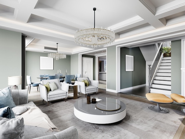 Zdjęcie luksusowy nowoczesny salon z klasycznymi elementami z designerskimi nowoczesnymi meblami i ścianami w kolorze pistacjowym renderowania 3d