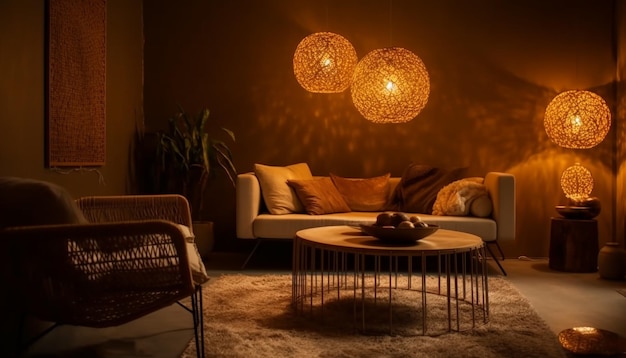 Luksusowy nowoczesny salon z wygodną sofą wygenerowany przez AI