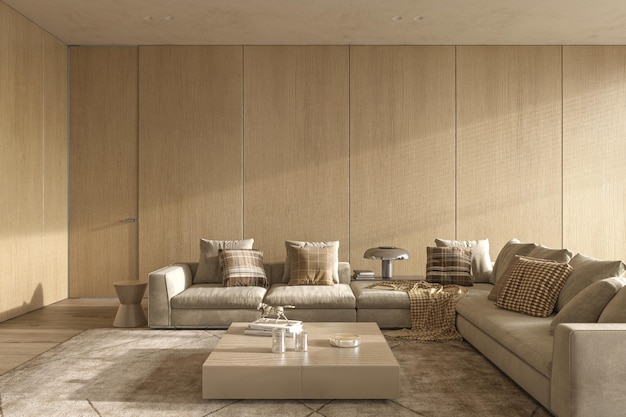 Luksusowy nowoczesny wystrój wnętrz w stylu japandi oświetlenie salonu mieszkanie 3d render ilustracja