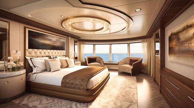 Luksusowy obraz przestronnego apartamentu głównego na jachcie z przepięknym widokiem na morze i bogatym wystrojem