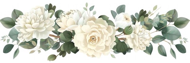 Luksusowy ogród kwitnie Biała róża Eukaliptus Pioni Magnolia Dahlia i Ranunculus Generative AI