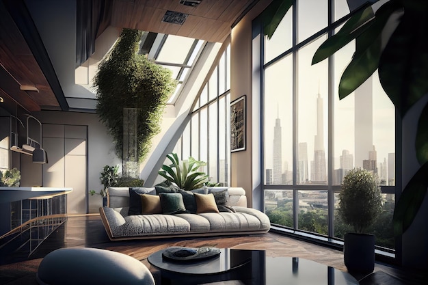 Luksusowy penthouse z widokiem na panoramę miasta i przebłyskiem zieleni w tle