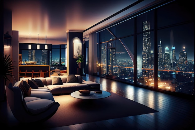 Luksusowy penthouse z widokiem na panoramę miasta nocą i oświetlonymi budynkami
