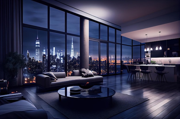 Luksusowy penthouse z zapierającym dech w piersiach widokiem na panoramę miasta nocą