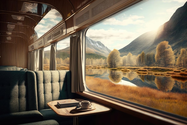 Luksusowy pociąg z oknami sięgającymi od podłogi do sufitu przejeżdża przez malowniczy krajobraz