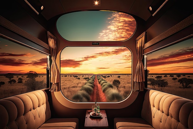 Luksusowy pociąg z widokiem na zachód słońca i tętniące życiem niebo na horyzoncie